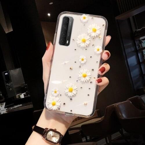 For Huawei P Smart 2021 Case 3D Rhinestone Dried Real Flower Clear Pressed Phone Case On Huawei Y7a Honor 9X 10X lite Soft Cover