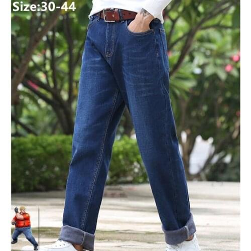 Winter Denim Pants Men Fleece Loose Plus Size Jeans Black Straight Stretch Thick Blue Big 40 42 44 Male High Waist Warm Trousers