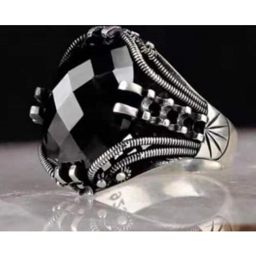 Hot Sale Black Crystal Rhinestone Zircon Ring Gemstone Wedding Ring for Men Party Vintage Silver Color Fashion Jewelry Wholesale