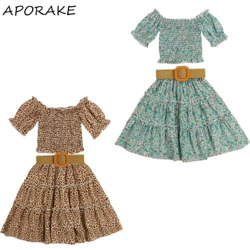 2021 1-6Y Boho Kids Baby Clothing Set Summer Leopard/Floral Off Shoulder Short Sleeve Crop Top+Ruffle Pleated Long Skirt+Belt