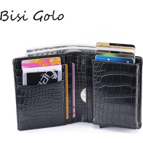 BISI GORO 2021 Men And Women Credit Card Holder RFID Aluminium Business Card Holder Crazy Horse PU Leather Travel Card Wallet