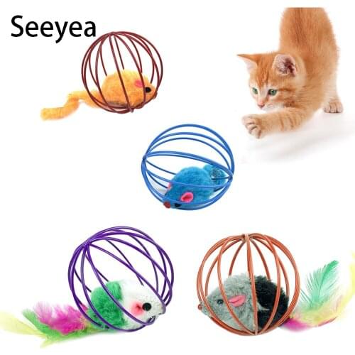 Cat Toy Mouse Cage Ball Interactive Toy Plastic Artificial Color Funny Cat Funny Toy Feather Fake Mouse Cat Pet Products Seeyea