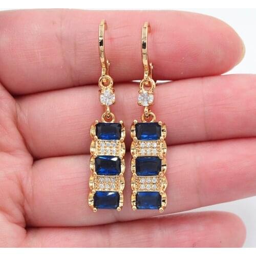 Gold Color Women Fashion Blue Zirconia CZ Geometric Blocks Dangle Earrings Jewelry