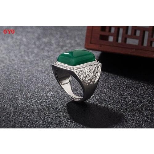 Genuine S925 Sterling Silver Inlaid Natural Green Agate Mens Ring