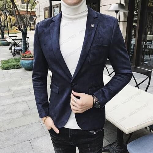 Navy Blue Suede Men Blazer Slim Fit Man Self-cultivation Leisure Time Tide Jacket Business Tailored Mens Suit Coat Male Blazer