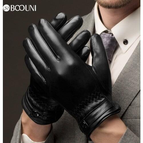 BOOUNI Genuine Leather Gloves Fashion Men Sheepskin Gloves Black Winter Plus Velvet Finger Motorcycle Driving Glove NM786