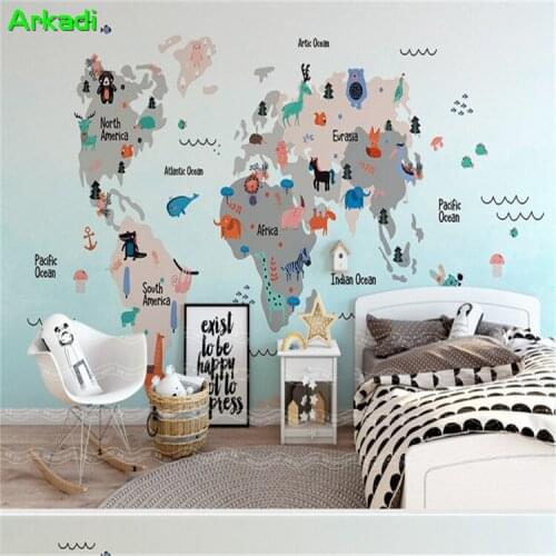 Hand drawn cartoon world animal map 3D mural stereo office early childhood kids bedroom study childrens room decoration