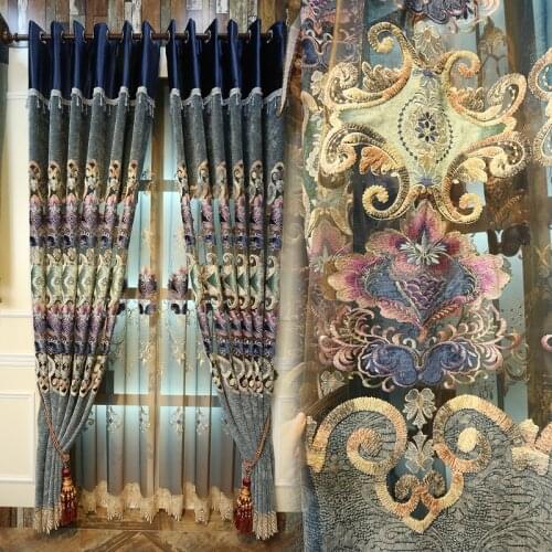 Luxury Embossed 3D Embroidered Lace Curtain High-grade Chenille Fabrics Blackout Curtains For Living Room Bedroom Blinds