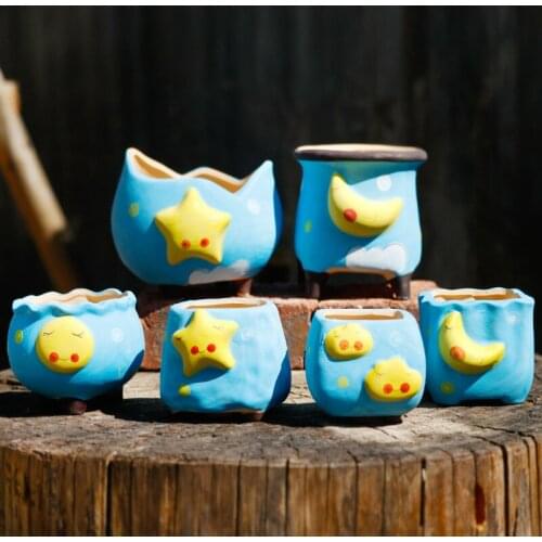 Cute Cartoon Blue Stars Succulent Pot Creative Ceramic Green Plant Moon Flower Pot Stoneware Pot Plant Succulent Planting