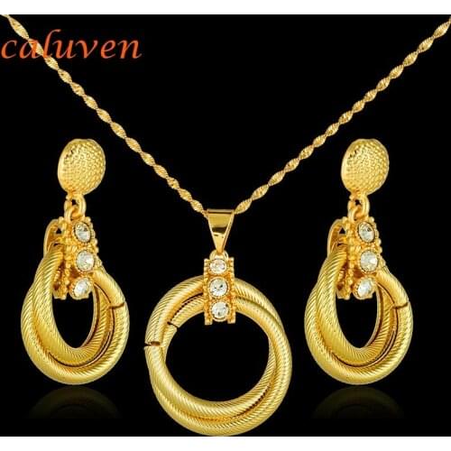 Gold Color Jewelry Sets Ethiopian Nigerian Dubai Round with Stone Necklace Sets African Earrings for Womens Gift CE049