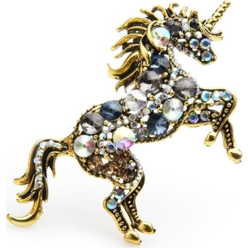 Wuli&baby Rhinestone Unicorn Brooches Women Alloy Horse Animal Weddings Banquet Brooches New Years Gifts