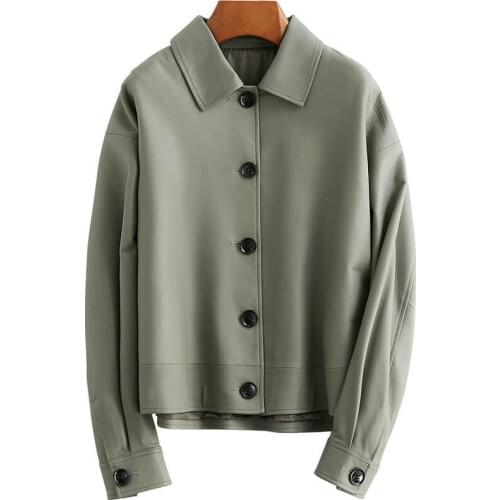 2020 New Green Short Loose Genuine Leather Jacket Autumn Winter Soft Street Casual Outwear Ladies Biker Jacket