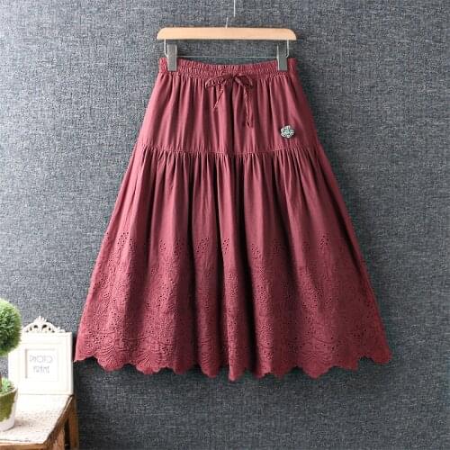 Summer New Womens Clothing Japanese Sweet Elastic Waist Solid Color Cotton and Linen Long Skirt Heavy Embroidery Skirt