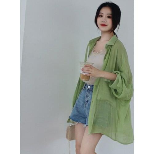 QOERLIN Summer Thin White Shirt Women Mesh Top See Through Blouse Single Breasted Cardigan Long Sleeve Transparent Shirts Female