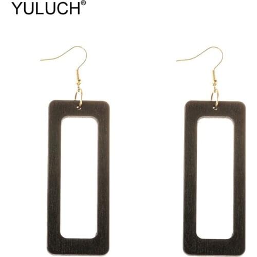 YULUCH 2019 Fashion Wooden Hollow Black Rectangle Dangle Drop Earrings African Hanging Statement Earings For Women Lady Party