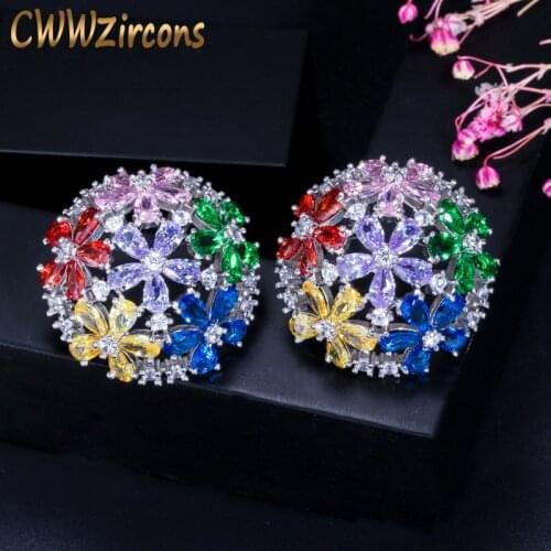 CWWZircons Beautiful Geometric Round CZ Zirconia Flower Shape Big Multi Color Earring Women 925 Sterling Silver Jewelry CZ148