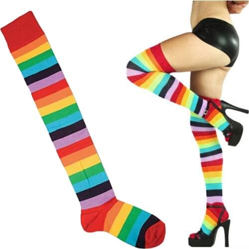 Ladies Over The Knee Socks Women Stockings Cute Cotton Thigh High Mixed Colored Rainbow Striped Long Stockings Knitted Socks
