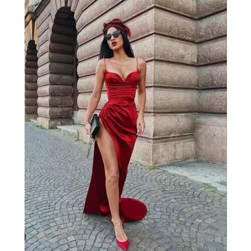 Sexy Long Satin Burgundy Pleated Prom Dresses Mermaid Criss Cross Back Slit Abendkleider Robes de Soirée for Women