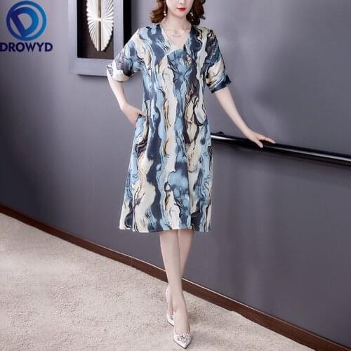 Women Beach Boho Dress Summer 2021 New Office Lady Print Short Sleeve Silk Loose V-Neck Yellow Blue Dresses Traf Vestidos Robe