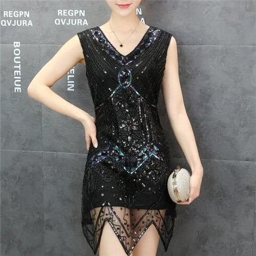 Sexy Evening Party Sleeveless Sequined Knee-length Black And Black Gold V-neck Summer Women Dress