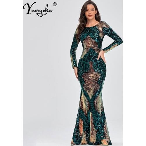 Sexy vintage Maxi Green Sequin Bridesmaid Prom Dresses for Women Casual Party woman Dress club Long sleeve Bodycon Dress Vestido