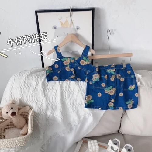 2021 Summer Girls Fashion 2pcs Jeans Suit Baby Kids Children Clothing Set Including Vest+ Skirt