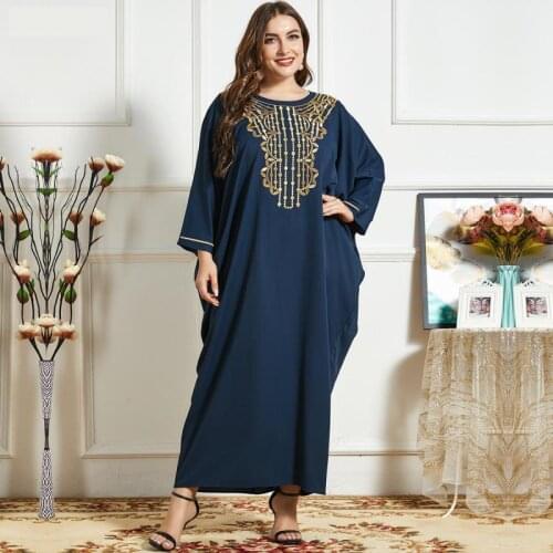Large Size Oversized Loose Blue Gold Thread Embroidery Bat Long-sleeved Muslim Womens Robe Eid Prayer Dress Moroccan Jellaba