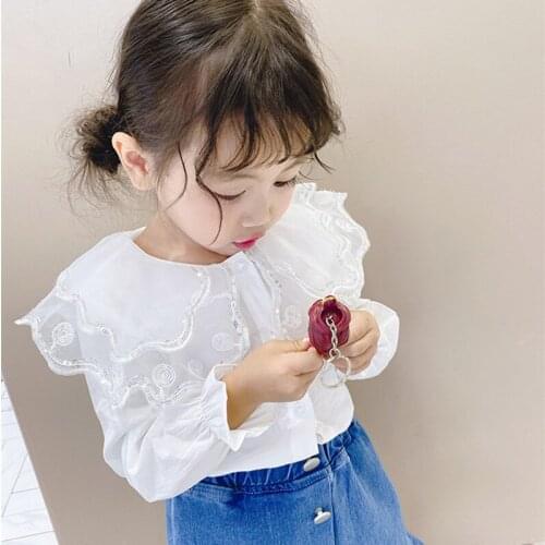 DFXD Spring Baby Clothes Girls Princess Shirts Fashion Korean Style White Long Sleeved Sequins Lace Double Collar Blouses 2-7T