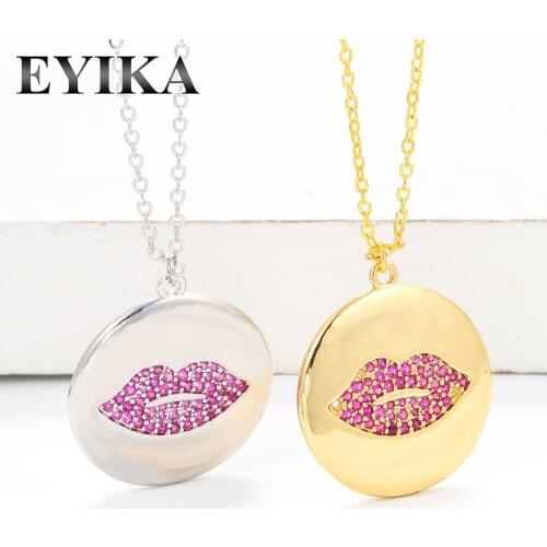 EYIKA Trendy Cubic Zirconia Red Lips Round Pendant Necklace for Women Temperament Female Gold Collier Charm Party Jewelry Gift