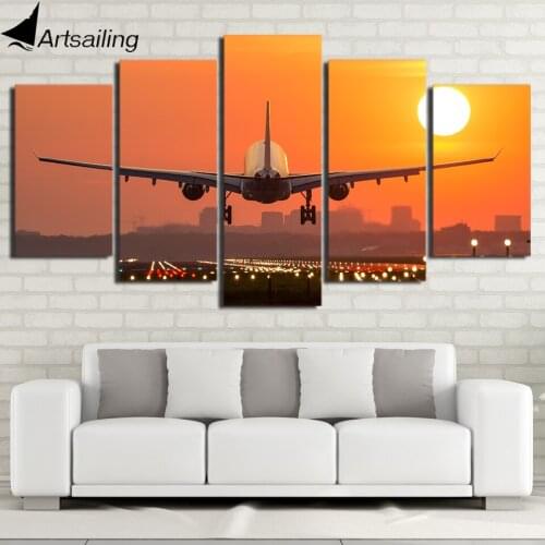 HD Printed 5 Piece Canvas Art Airplane Sunset Canvas Painting Wall Pictures for Living Room Home Decor Free Shipping CU-2688C