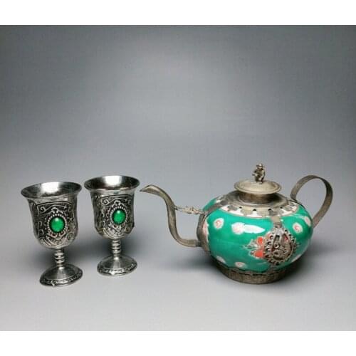 Exquisite Home Decoration Chinese Porcelain Flower Tea Pot Inlaid with Miao Silver Monkey Statue, with a Pair of Cups