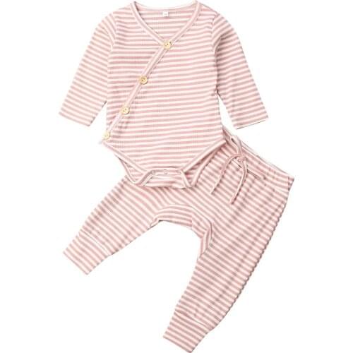 2Pcs Newborn Baby Girl Boy Cute Striped Buttons Knitted Long Sleeve Romper Playsuit Top Long Pants Trouser Outfit Clothes Set