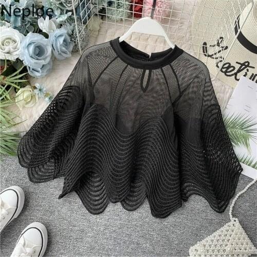 Neploe Hollow-out Perspective Lace Shirt 2020 Summer Flare Sleeve O-neck Blouse Wave Embroidery Korean Chic Top Blusas 53630