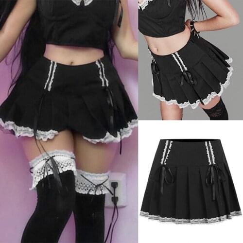 Lace Gothic Grunge Black Women Mini Skirts Punk Harajuku Bandage Clothes Pleated Skirt Summer Party Clubwear