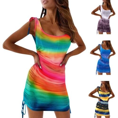 Fashion Women Summer Mini Dress Shrinkage Drawstring Design O-Neck Sleeveless High Waist Slim Pullovers Dress for Streetwear