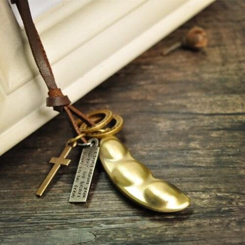 Genuine leather male necklacehigh quality handmade cowhide rope with gold bean pendent retro charming jewelryresizable LKK-1112