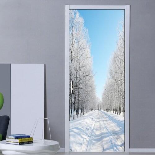 Forest Snow Scenery Door Sticker DIY Mural Living Room Bedroom Wallpaper Poster PVC Waterproof Wall Stickers Papel De Parede 3D
