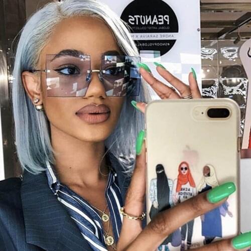 Oversized Rimless Sunglasses Square Woman Glasses 2020 Fashion Red Brown Glasses Luxury Brand Eyewear Big Shades Oculos UV400