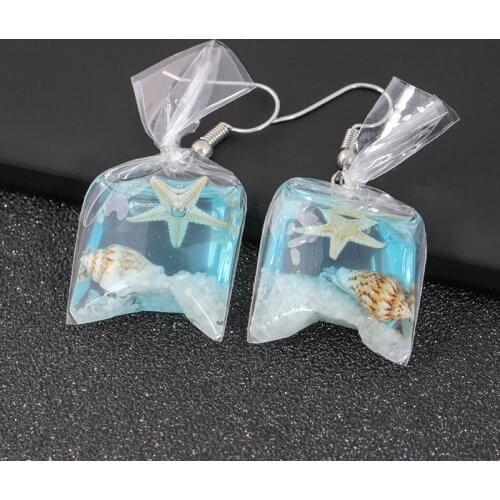 New Fashion Dried Flower Plant Earrings Funny Transparent Candy Ocean Wind Conch Water Bags Shape Charm Jewelry Wholesale