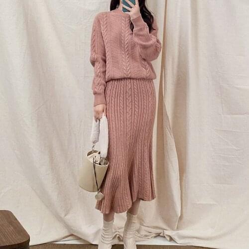 Autumn knit tops sweater skirts Two-piece Vintage style Long-sleeved Pullover sweater and Skirt Autumn womens suit