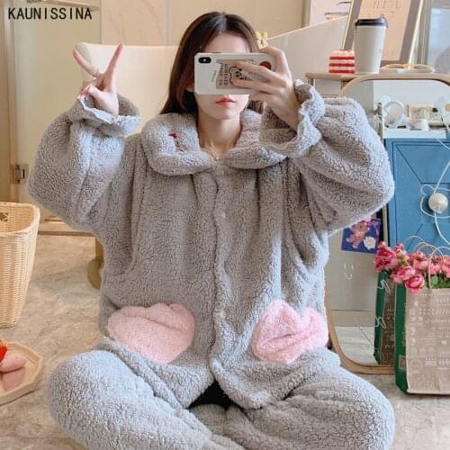 Women Winter Thick Pajamas Sets Flannel Loungewear Long Sleeve Pockets Homewear Maternity Pajamas Sleepwear