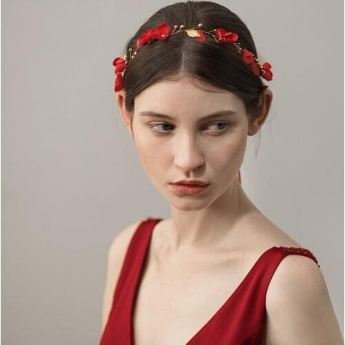 Romantic Sweetheart Bridal Headdress Alloy Leaves Beads Red Cloth Flower Headband for Wedding Perform Studio Travel Photo O621