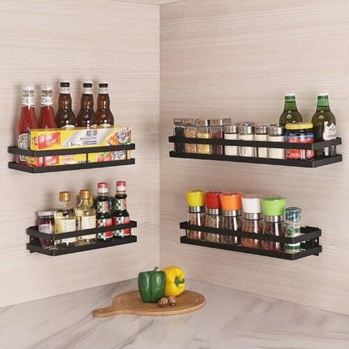304 Stainless Steel Black Spices Rack Seasoning Rack Punch-free Wall Seasoning Holder Kitchen Organizer Storage Shelf