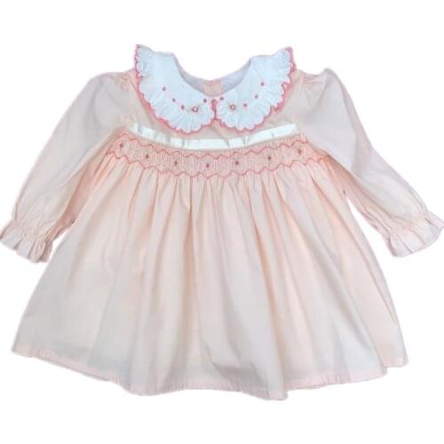 Baby Girls Spring autumn handmade smocked dress Long Sleeve Party birthday peter pan collar kids Embroideed princess Dress
