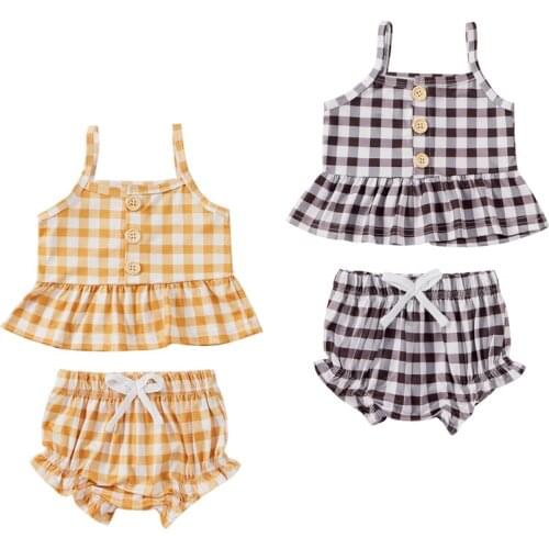 Wallarenear 0-24M Newborn Baby Girl 2Pcs Summer Fashion Clothing Set Sleeveless Plaid Top Shorts 2Styles Outfit