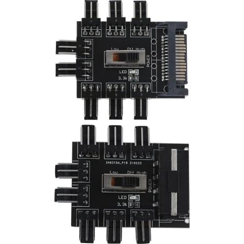 Y8AC PC SATA 1 to 8 Cooler Cooling Fan Hub 3Pin 12V Splitter Power Socket 2 Level Speed Controller for Fan Computer Laptop