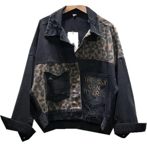 2021 Spring And Autumn New Denim Jacket Female Leopard Print Stitching Brushed Jeans Embroidery Ripped Short Coat Women A72