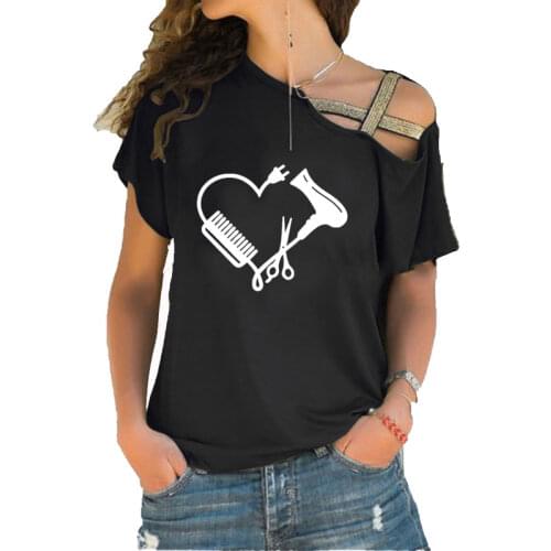 Hair Love Stylist Barber Scissors Shears print Women tshirt Cotton Summer Short Sleeve Irregular Skew Cross Bandage T shirt
