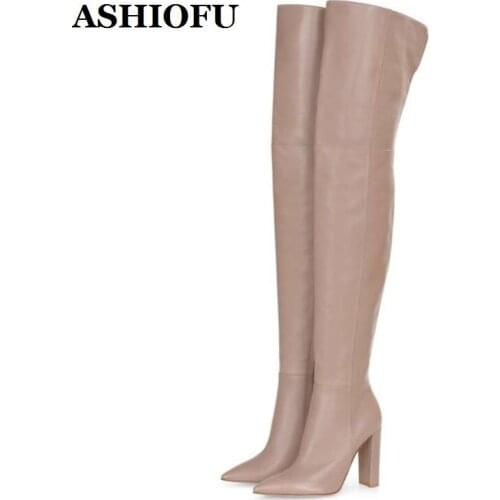 ASHIOFU Handmade New Womens Chunky Heels Boots Sexy Party Prom Over Knee Boots Evening Club Winter Fashion Long Boots Shoes