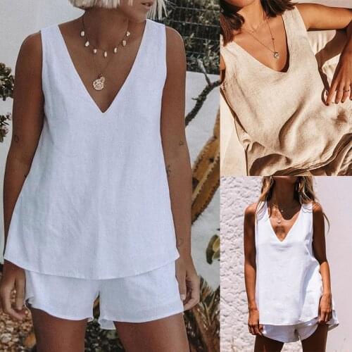 2021 Summer Linen Shorts and Top Two Piece Set Women Casual Plus Size Sleeveless V-Neck T Shirt Tracksuit Suits Womens Outfits
